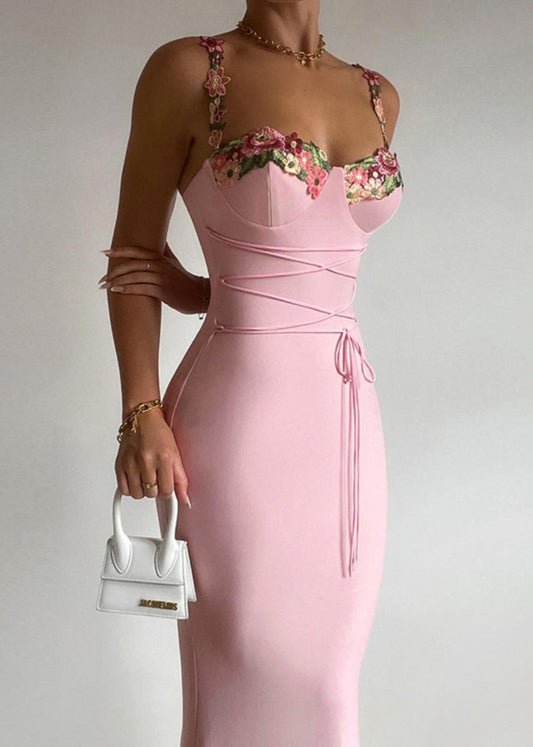 Elegant Pink Floral Patchwork Cotton Spaghetti Strap Dress Sleeveless