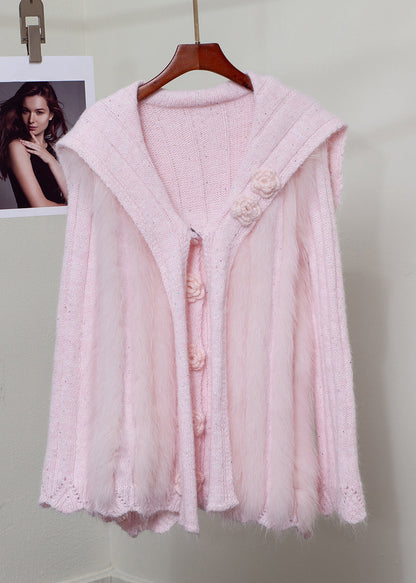 Elegant Pink Fox Fur Floral Button Patchwork Knit Sweater