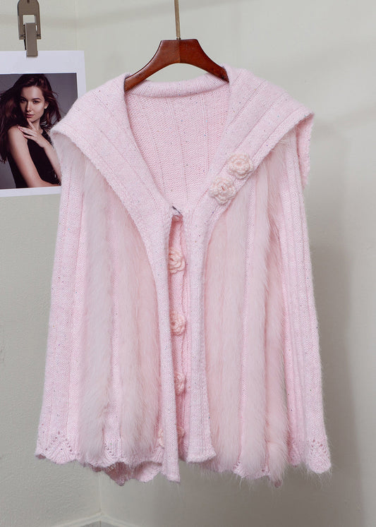 Elegant Pink Fox Fur Floral Button Patchwork Knit Sweater