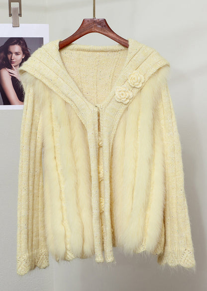 Elegant Pink Fox Fur Floral Button Patchwork Knit Sweater