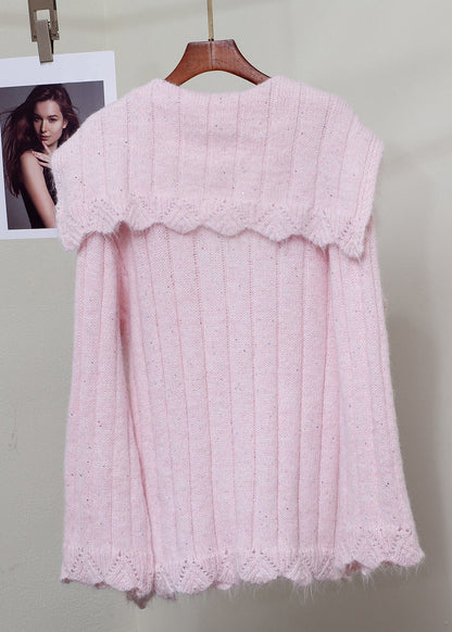 Elegant Pink Fox Fur Floral Button Patchwork Knit Sweater