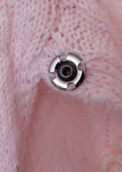 Elegant Pink Fox Fur Floral Button Patchwork Knit Sweater