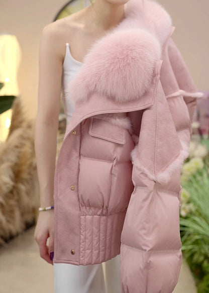 Elegant Pink Fur Collar Button Patchwork Duck Down Puffer Jacket Winter
