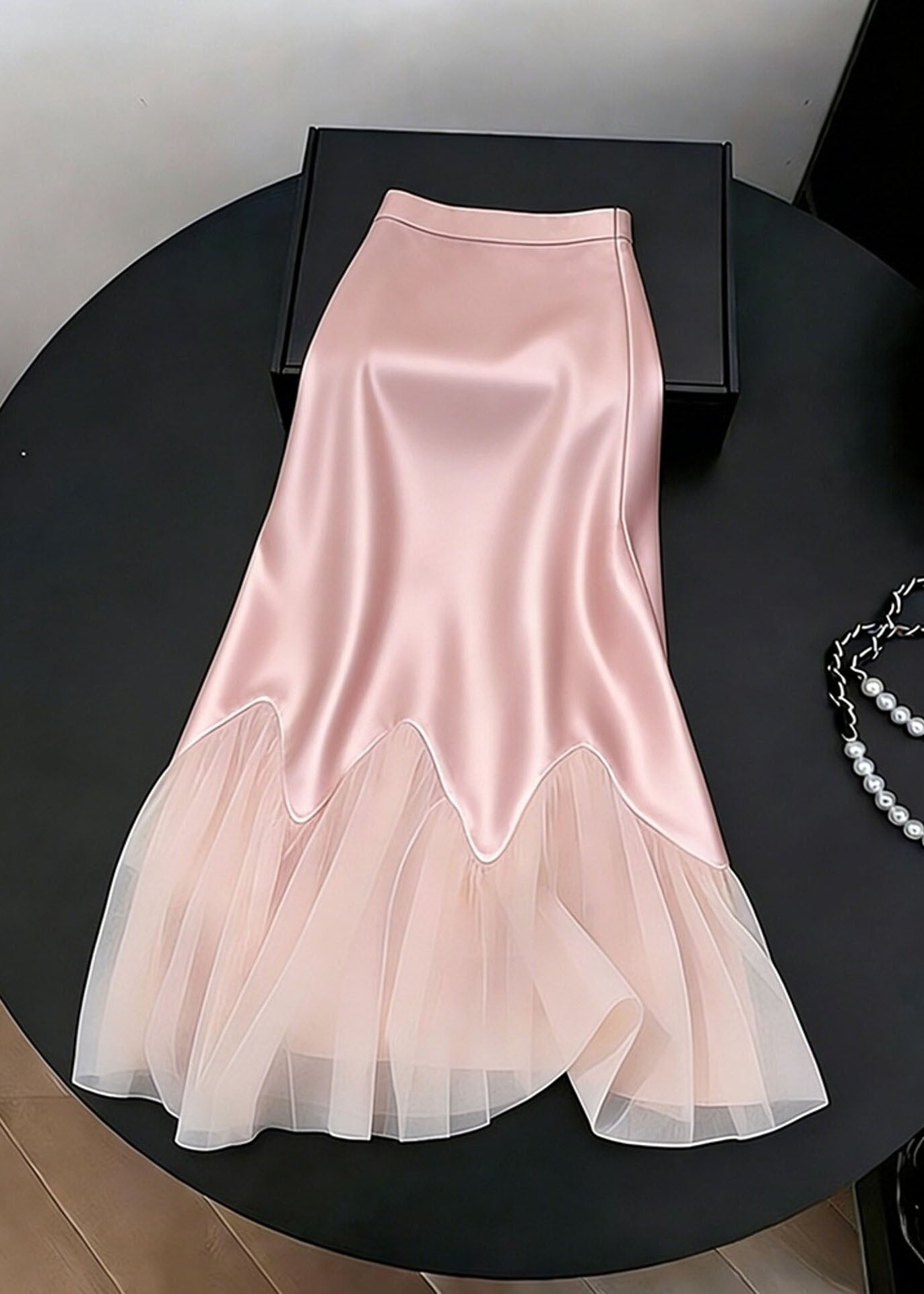 Elegant Pink High Waist Tulle Patchwork Silk Skirt Fall