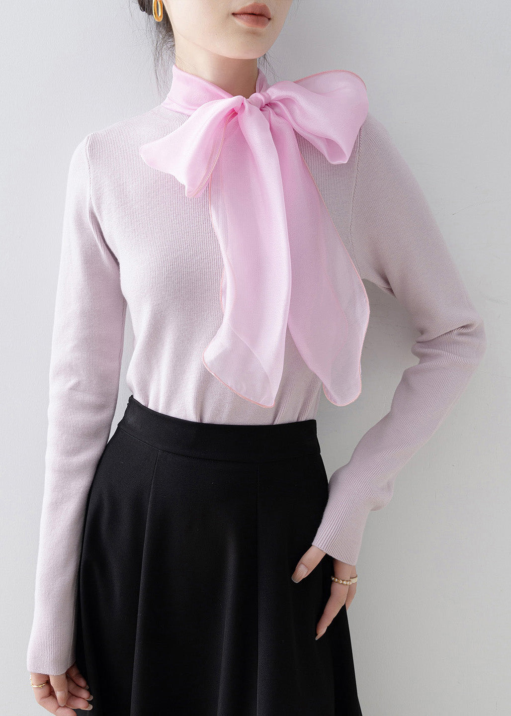 Elegant Pink Hign Neck Bow Slim Fit Knit Sweaters Spring