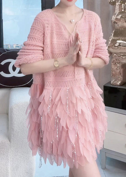 Elegant Pink Hollow Out Zircon Patchwork Knit Mid Dresses Fall