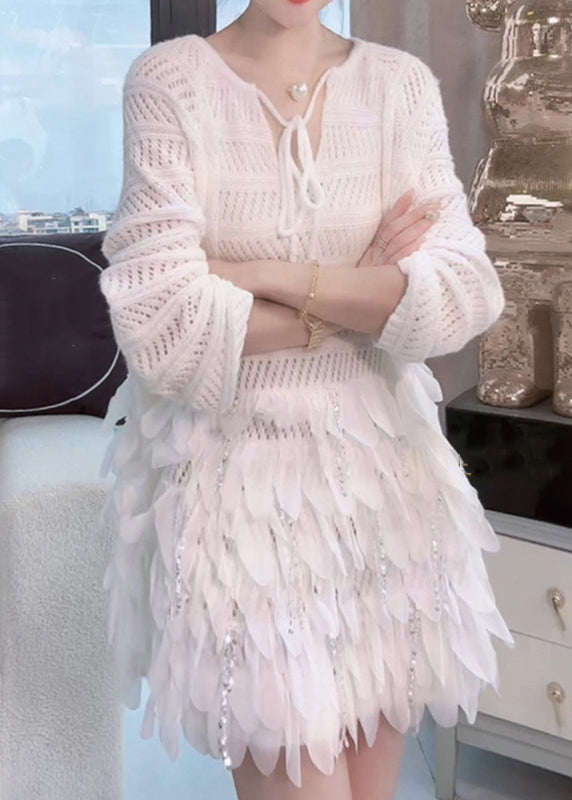 Elegant Pink Hollow Out Zircon Patchwork Knit Mid Dresses Fall