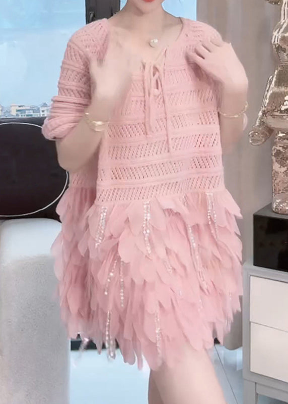 Elegant Pink Hollow Out Zircon Patchwork Knit Mid Dresses Fall