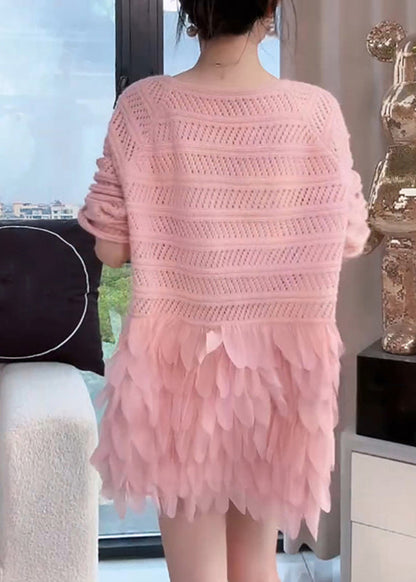 Elegant Pink Hollow Out Zircon Patchwork Knit Mid Dresses Fall