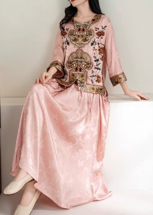 Elegant Pink Jacquard Exra Large Hem Silk Skirt Spring