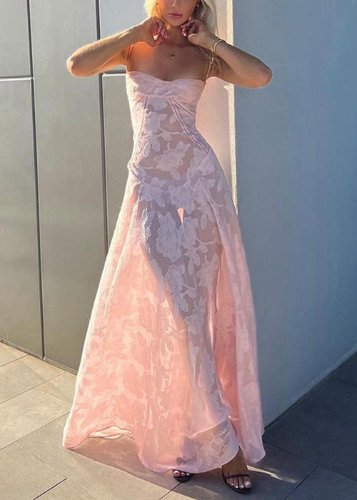 Elegant Pink Lace Up Lace Spaghetti Strap Dress Sleeveless