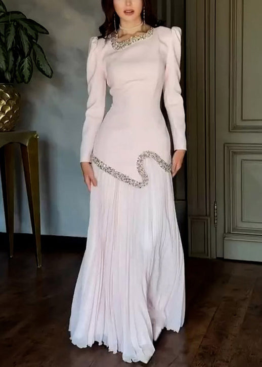 Elegant Pink Nail Bead Tops And Wrinkled Skirts Chiffon Two Pieces Set