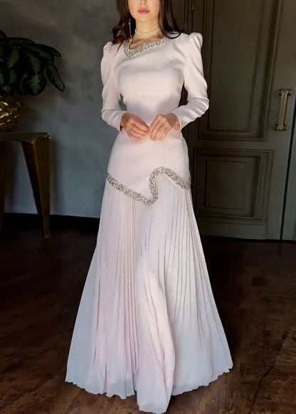 Elegant Pink Nail Bead Tops And Wrinkled Skirts Chiffon Two Pieces Set