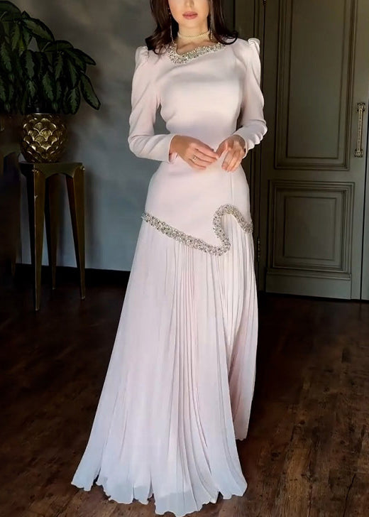 Elegant Pink Nail Bead Tops And Wrinkled Skirts Chiffon Two Pieces Set