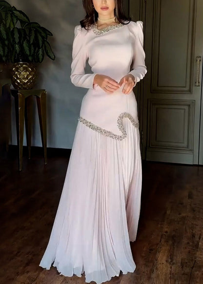 Elegant Pink Nail Bead Tops And Wrinkled Skirts Chiffon Two Pieces Set