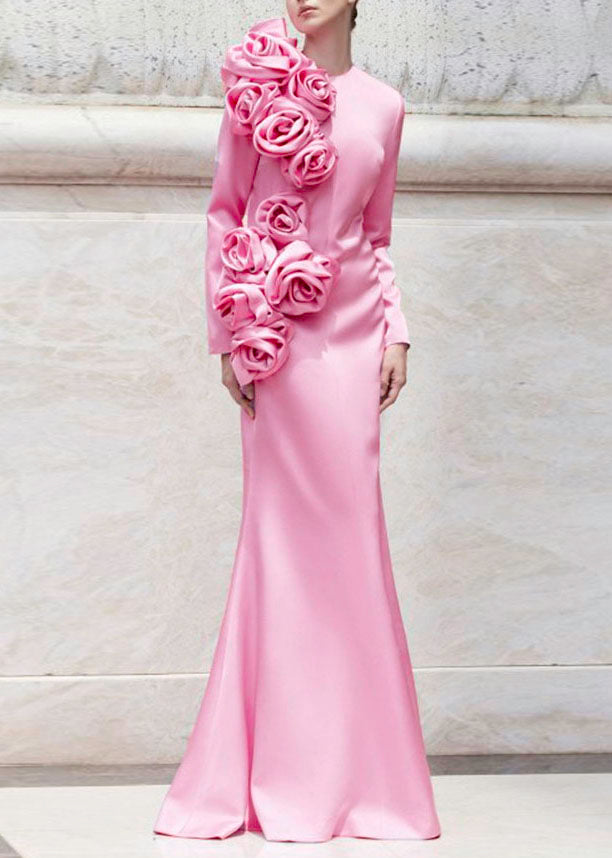 Elegant Pink O Neck Floral Cotton Maxi Dresses Long Sleeve