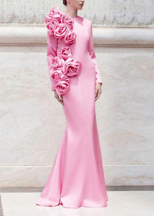 Elegant Pink O Neck Floral Cotton Maxi Dresses Long Sleeve