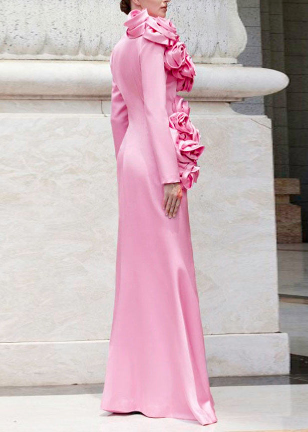 Elegant Pink O Neck Floral Cotton Maxi Dresses Long Sleeve