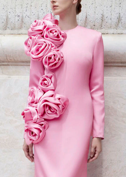 Elegant Pink O Neck Floral Cotton Maxi Dresses Long Sleeve
