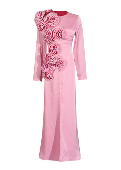 Elegant Pink O Neck Floral Cotton Maxi Dresses Long Sleeve