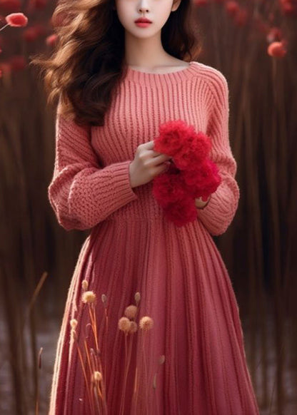 Elegant Pink O Neck High Waist Solid Knit Sweater Dress Winter