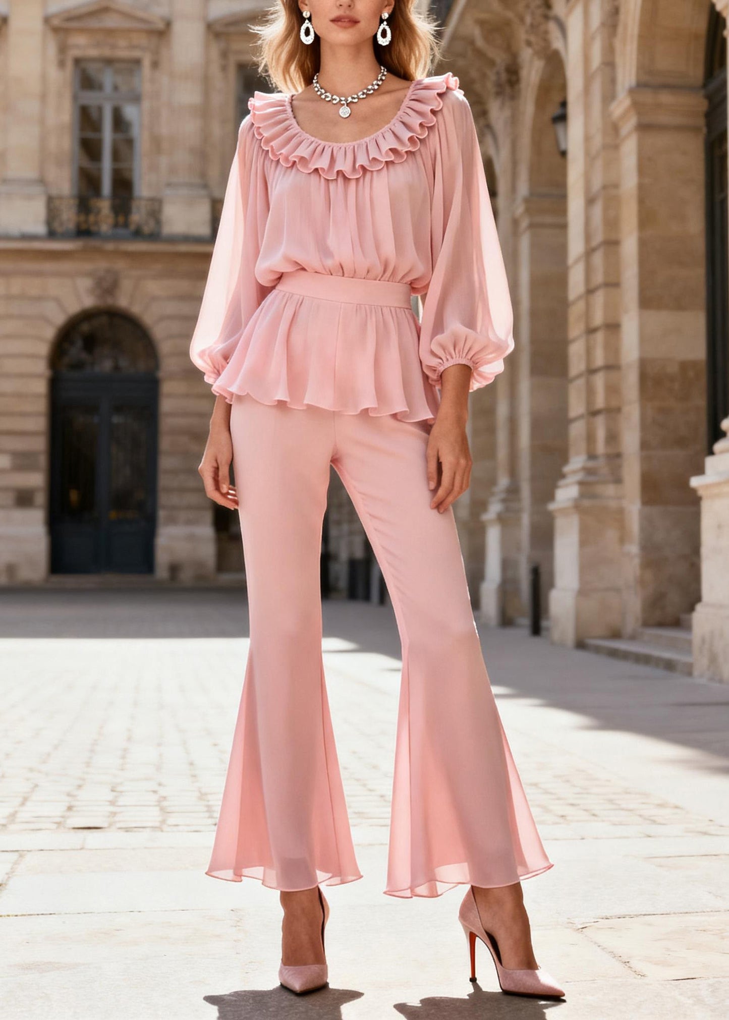 Elegant Pink O-Neck Ruffled Patchwork Silk Two Piece Set Spring