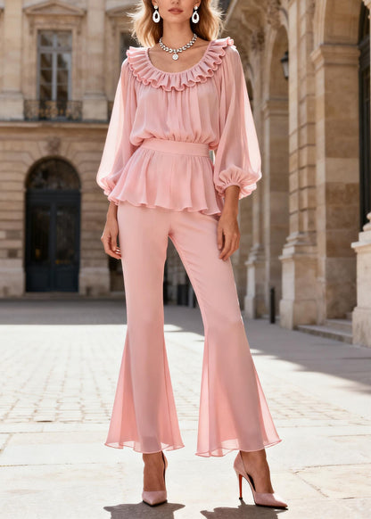 Elegant Pink O-Neck Ruffled Patchwork Silk Two Piece Set Spring