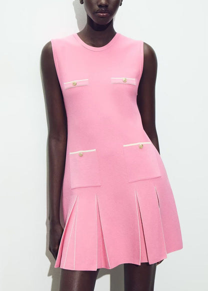 Elegant Pink O Neck Wrinkled Knit Mini Dresses Sleeveless