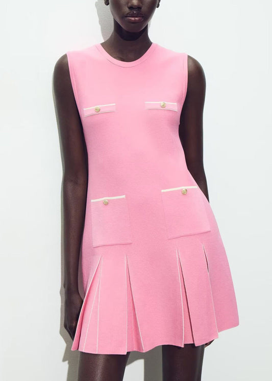 Elegant Pink O Neck Wrinkled Knit Mini Dresses Sleeveless