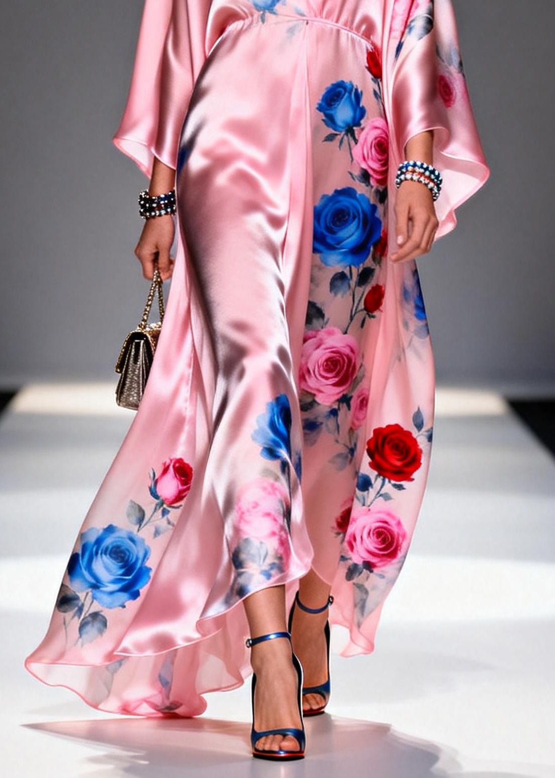 Elegant Pink Oversized Floral Print Silk Party Dress Summer