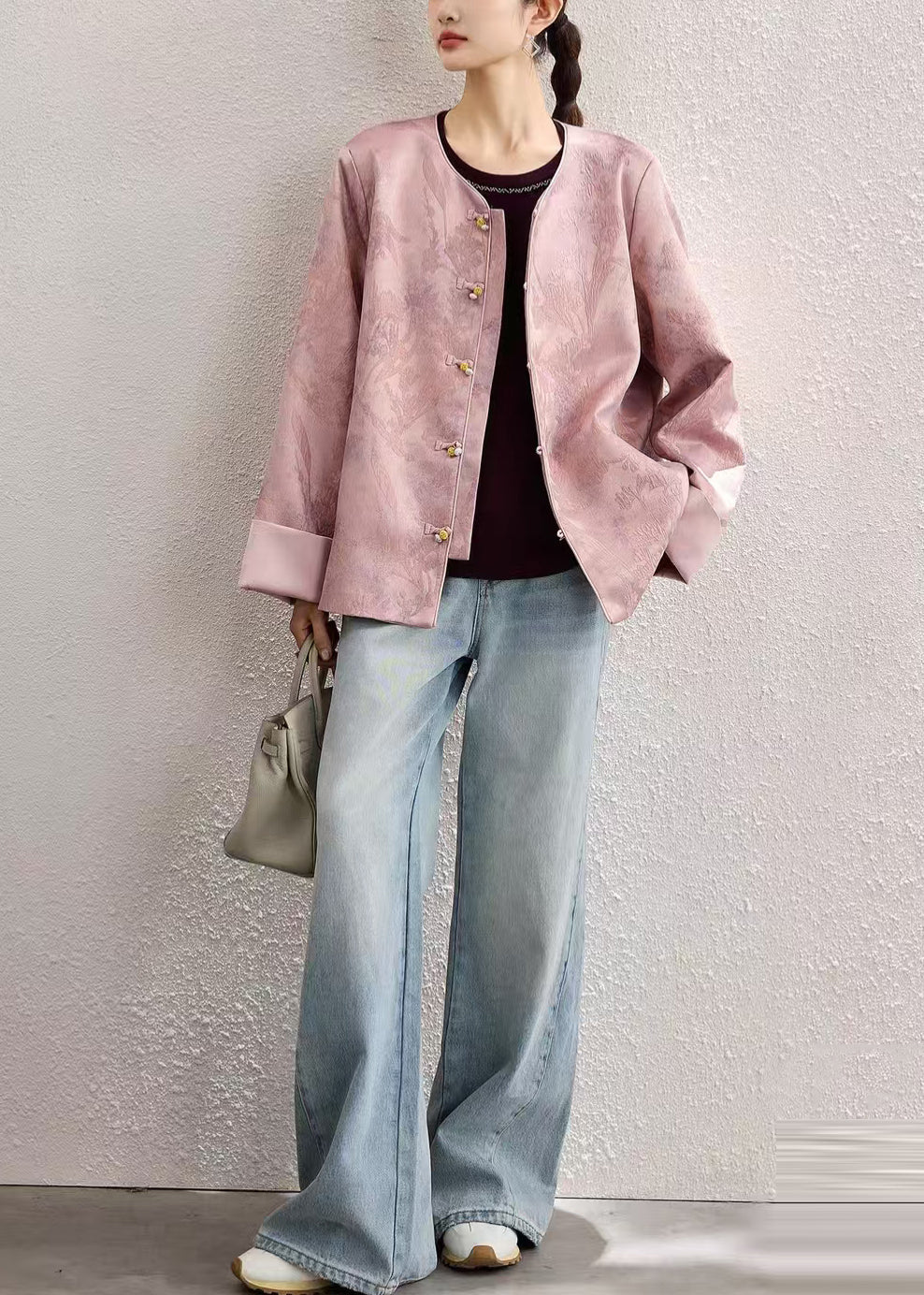 Elegant Pink Oversized Jacquard Fine Silk Jackets Spring