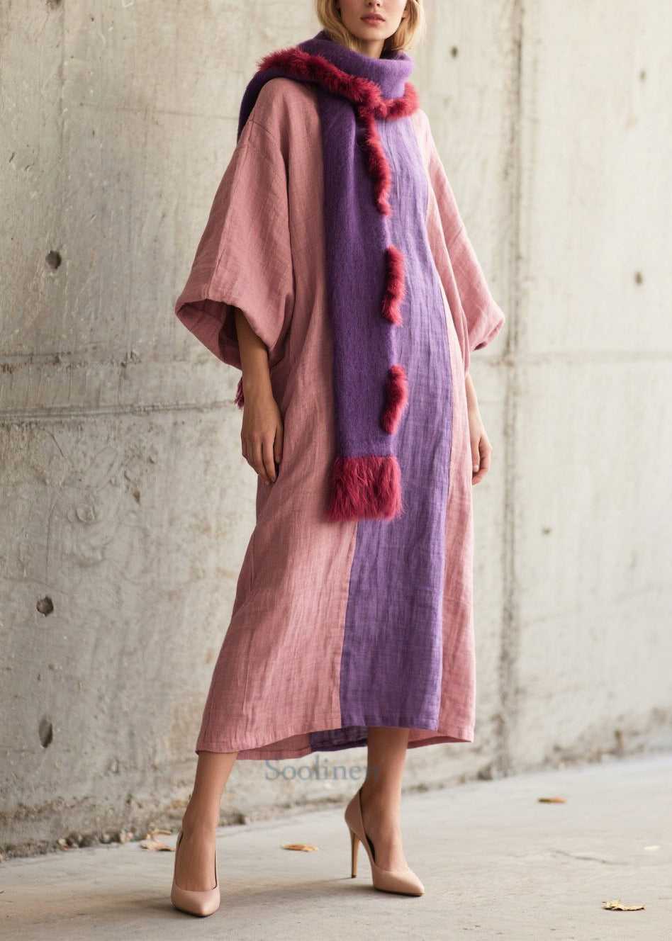 Elegant Pink Oversized Patchwork Cotton Robe Dresses Lantern Sleeve