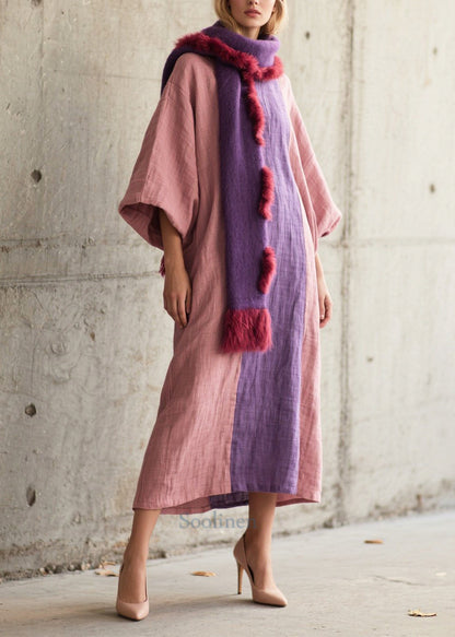 Elegant Pink Oversized Patchwork Cotton Robe Dresses Lantern Sleeve
