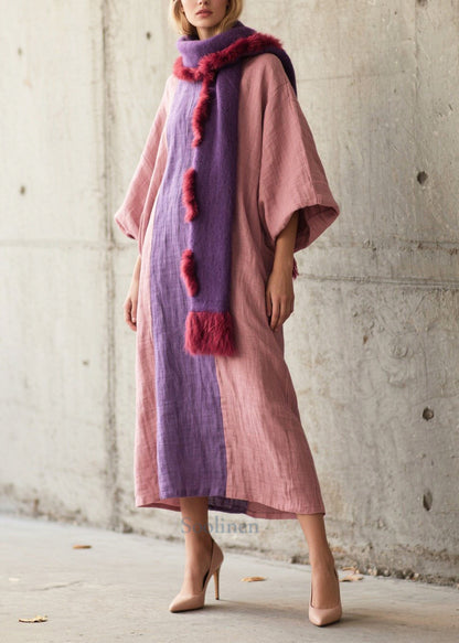 Elegant Pink Oversized Patchwork Cotton Robe Dresses Lantern Sleeve