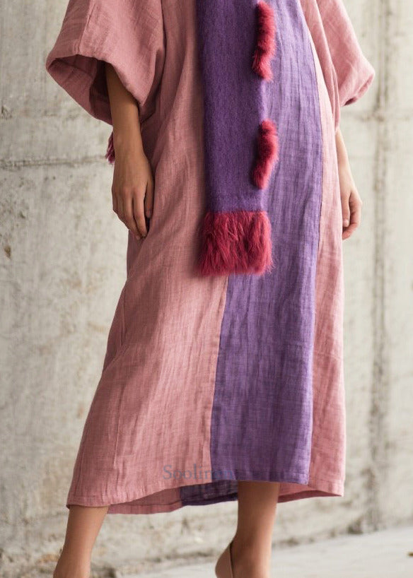 Elegant Pink Oversized Patchwork Cotton Robe Dresses Lantern Sleeve