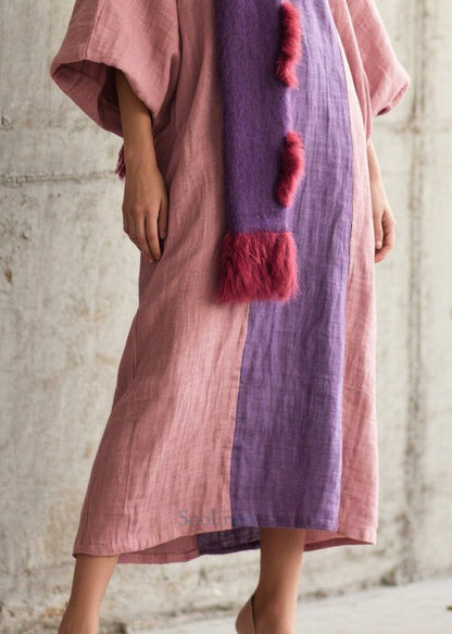 Elegant Pink Oversized Patchwork Cotton Robe Dresses Lantern Sleeve
