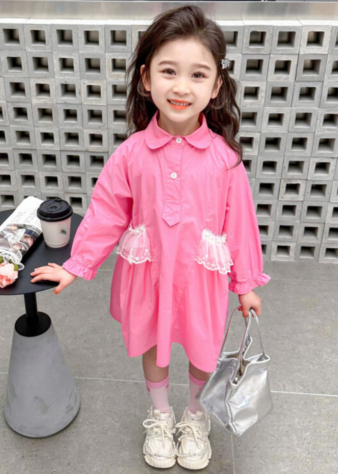 Elegant Pink Peter Pan Collar Patchwork Button Kids Long Shirts Dress Fall
