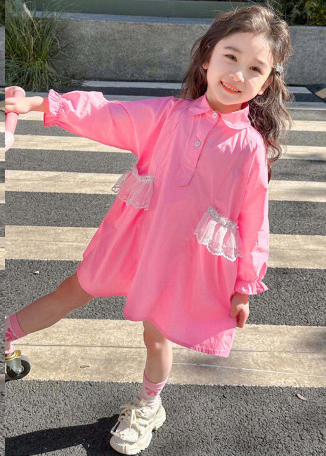 Elegant Pink Peter Pan Collar Patchwork Button Kids Long Shirts Dress Fall