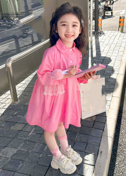 Elegant Pink Peter Pan Collar Patchwork Button Kids Long Shirts Dress Fall