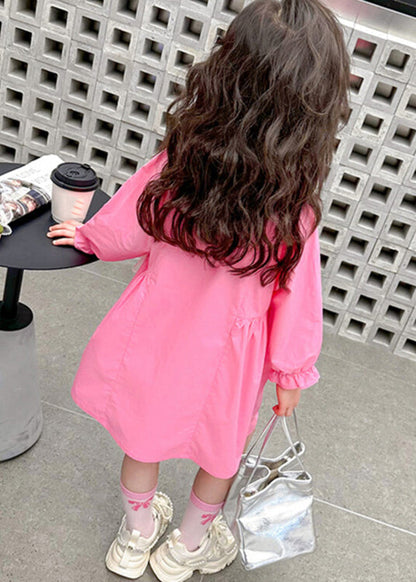 Elegant Pink Peter Pan Collar Patchwork Button Kids Long Shirts Dress Fall