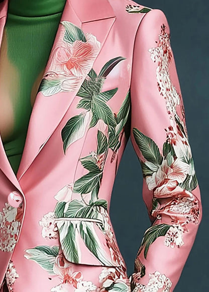 Elegant Pink Peter Pan Collar Pockets Print Satin Coats Fall