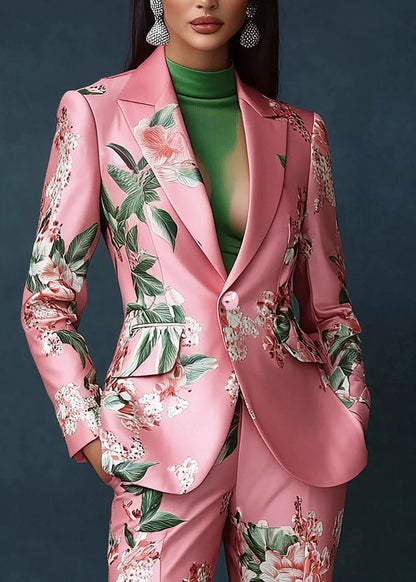 Elegant Pink Peter Pan Collar Pockets Print Satin Coats Fall