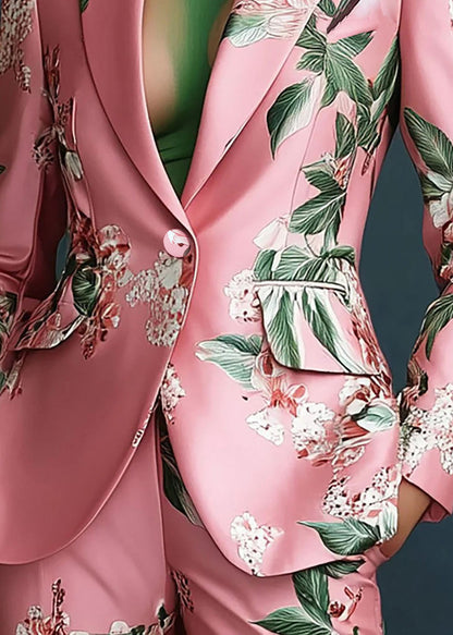 Elegant Pink Peter Pan Collar Pockets Print Satin Coats Fall