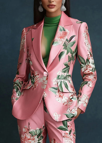 Elegant Pink Peter Pan Collar Pockets Print Satin Coats Fall