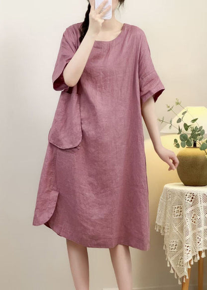 Elegant Pink Pockets Side Open Linen Dress Half Sleeve
