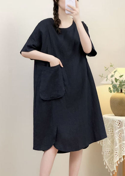 Elegant Pink Pockets Side Open Linen Dress Half Sleeve