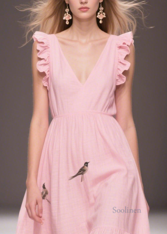 Elegant Pink Print Cotton Holiday Dress Butterfly Sleeve