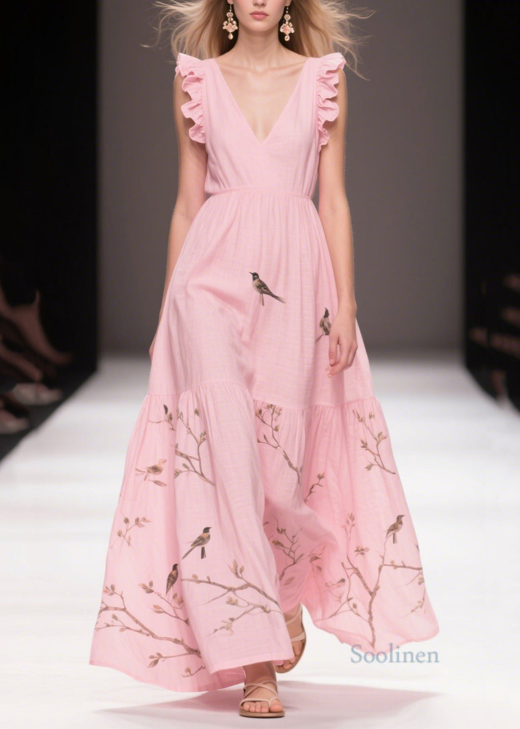 Elegant Pink Print Cotton Holiday Dress Butterfly Sleeve