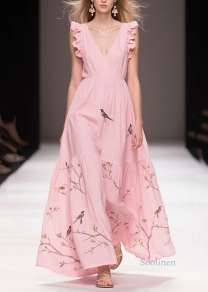 Elegant Pink Print Cotton Holiday Dress Butterfly Sleeve