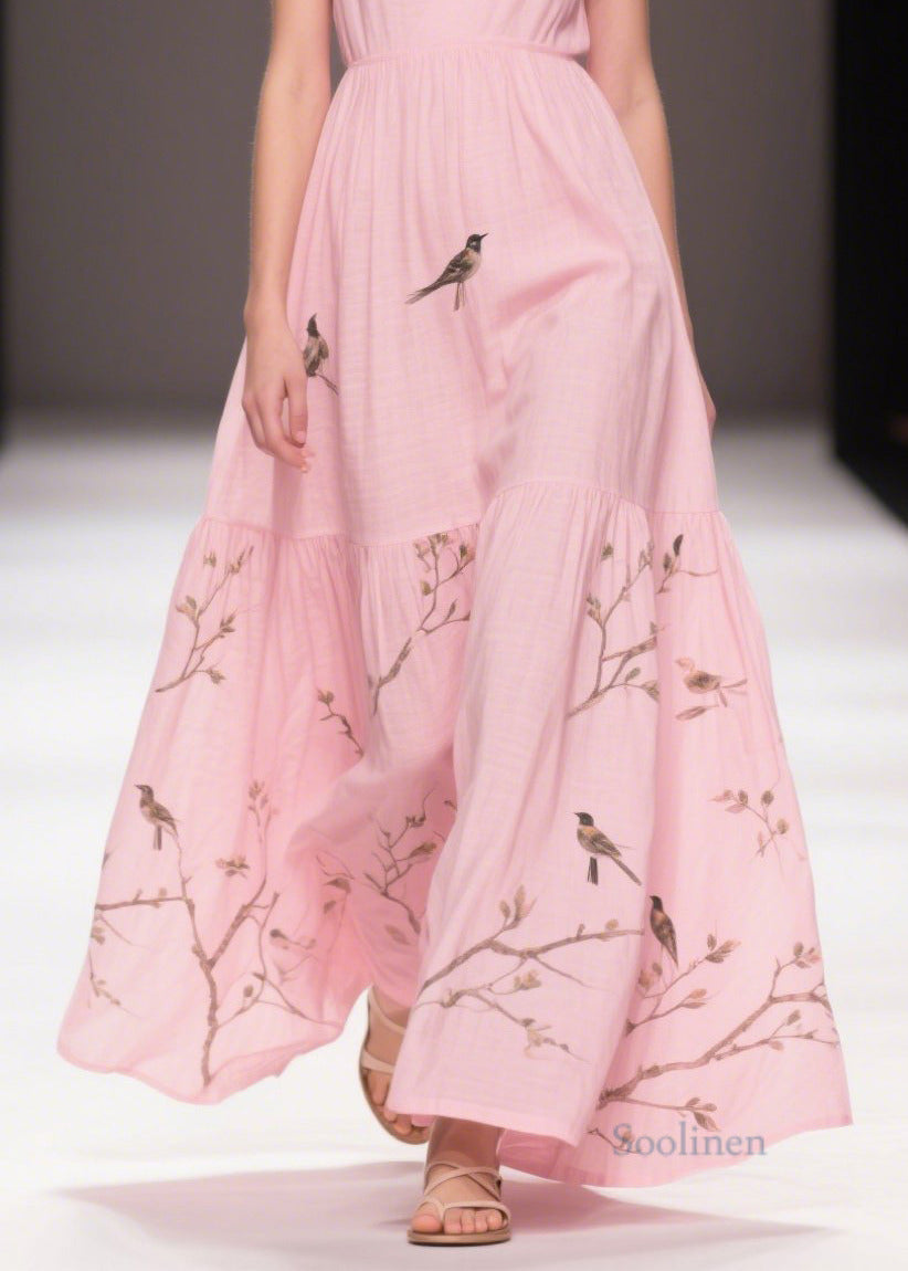 Elegant Pink Print Cotton Holiday Dress Butterfly Sleeve